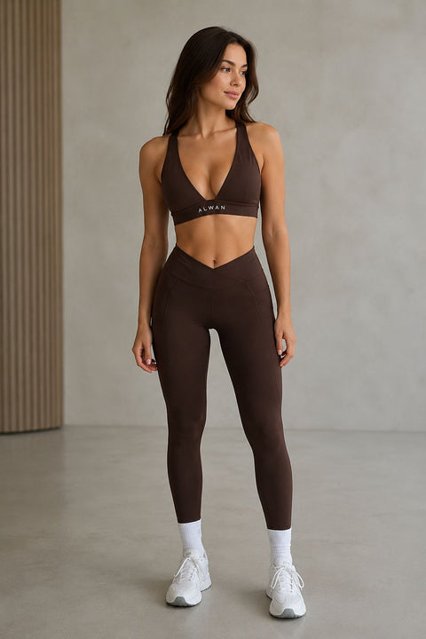 V Neck Sports Bra High Waist Crossover Leggings Gym Workout Outfit